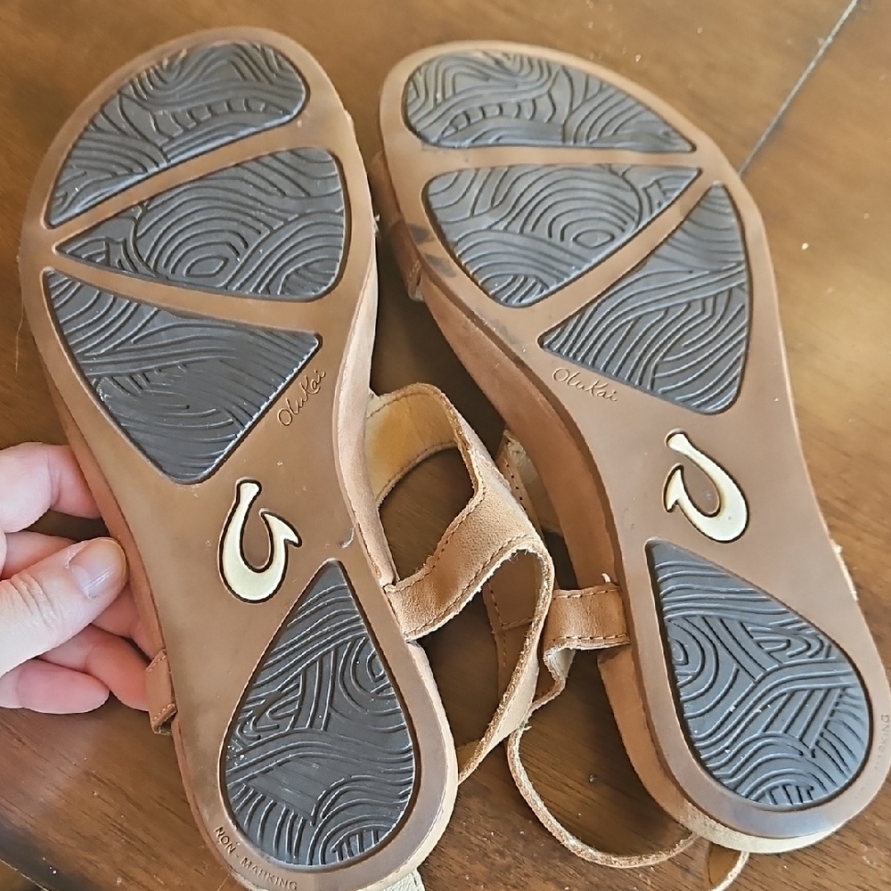 OluKai Women's Dual-Strap Leather Sandals in Brown and Black - Picture 9 of 12